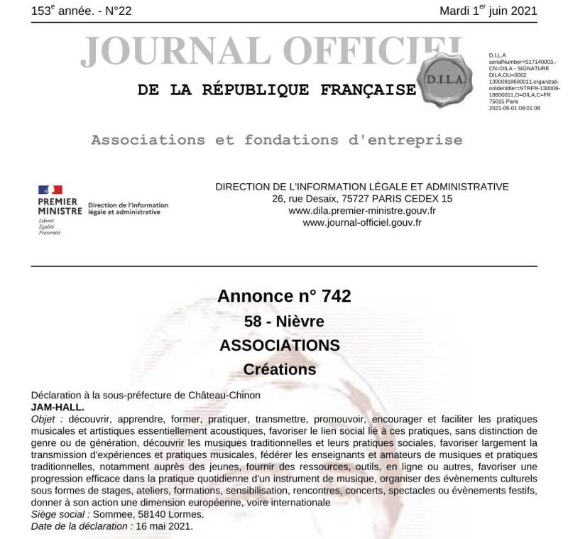 Dépot de statuts en mai 2021, premières actions à l'automne. - Jam Hall